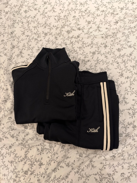 Kith Sweaters - Kith Women’s Black Sweatpants & Zip Top with Cream Stripes